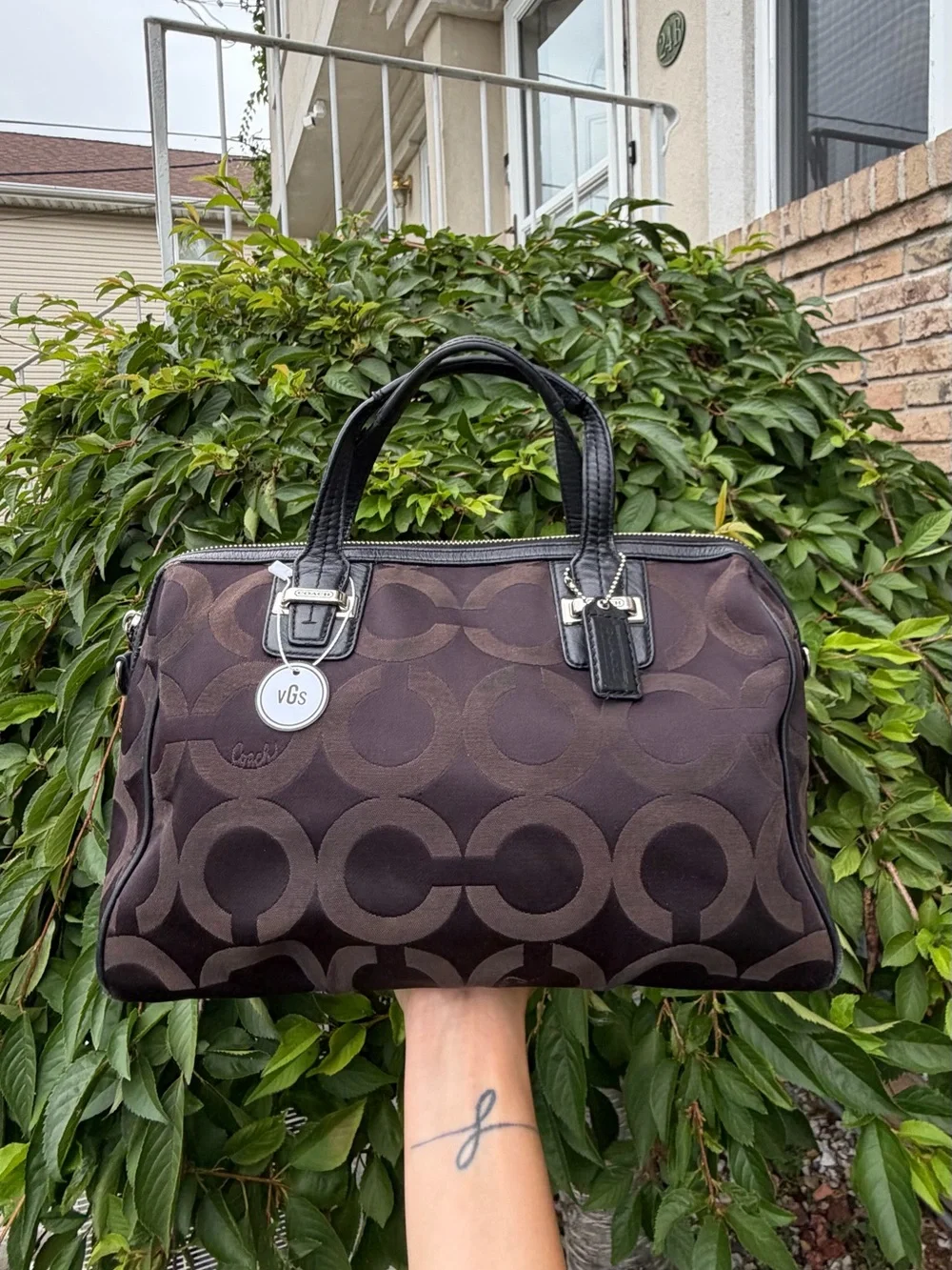 Coach Taylor Op Art Signature Canvas Satchel Brown & Black Leather Handbag